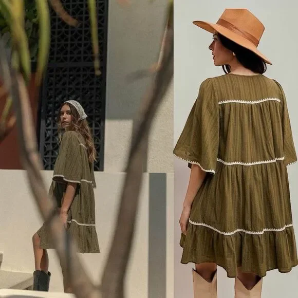 Annie Wear Olive Tiered Mini Babydoll Dress Pockets Short Sleeve NWT - Picture 4 of 15